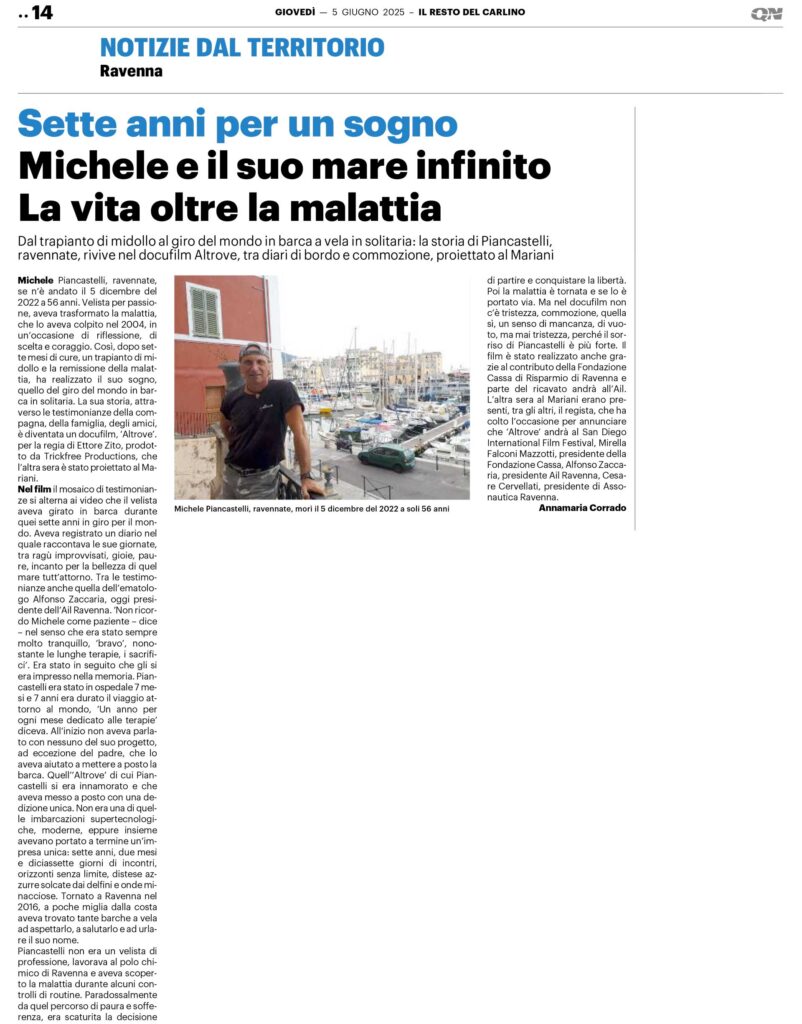 Articolo de il Resto del Carlino, cronaca Ravenna del 05 giugno 2025 di Annamaria Corrado
Michele e il suo mare infinito. La vita oltre la malattia