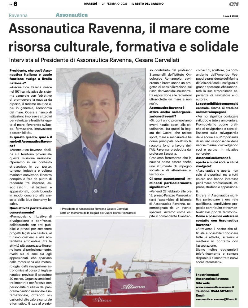 Intervista de Il Resto del Carlino edizione Ravenna del 24 febbraio 2026 al Presidente Cervellati di Assonautica Ravenna