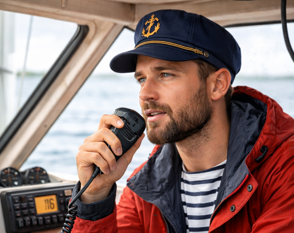 un marinaio con la cerata che ha in mano un microfono della radio VHF